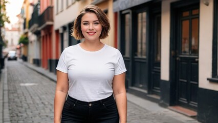 Plus size teenage girl with short hair wearing white t-shirt and black jeans standing in a city alley