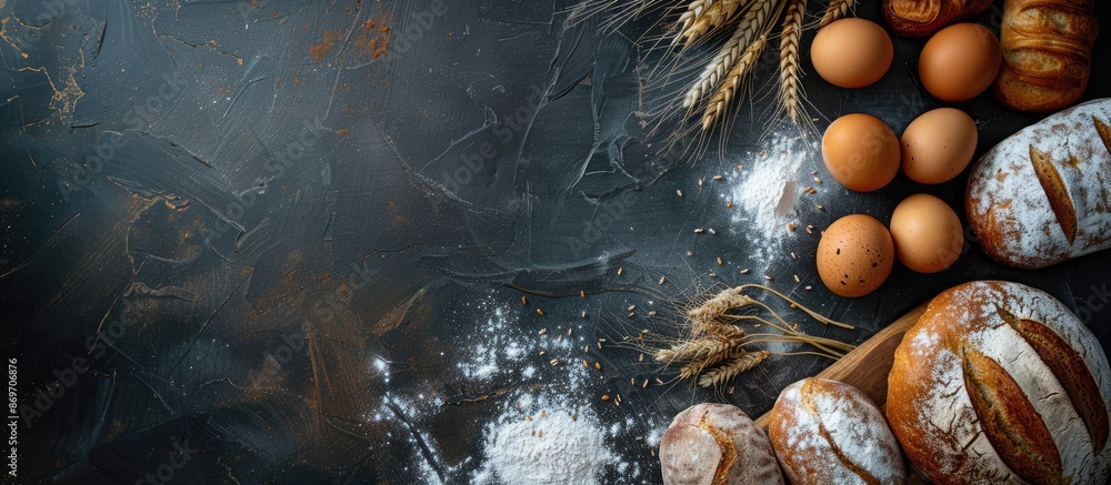 Poster Variety of bread types on a dark background with eggs, flour, wheat ears in a top-view setup for a bakery concept copy space image.