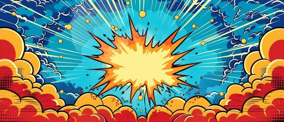 dots halftone blast lightning background comic art Pop illustration blue cartoon retro ray modern explosion frame book yellow fire sky light hell , add copyspace for text