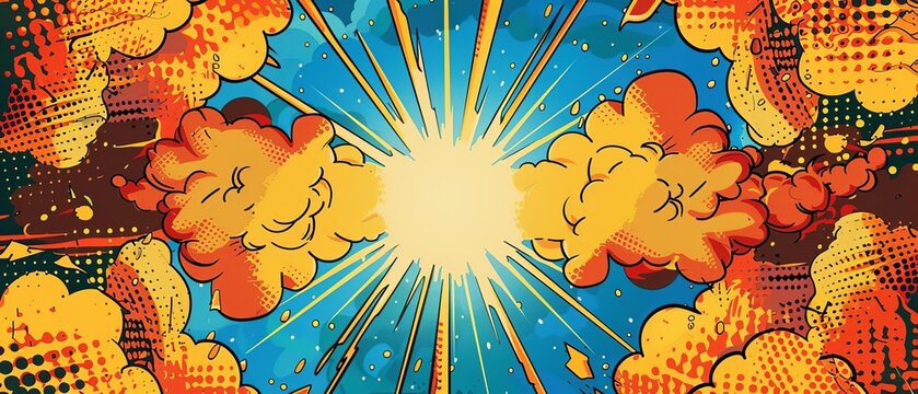 dots halftone blast lightning background comic art Pop illustration blue cartoon retro ray modern explosion frame book yellow fire sky light hell , add copyspace for text