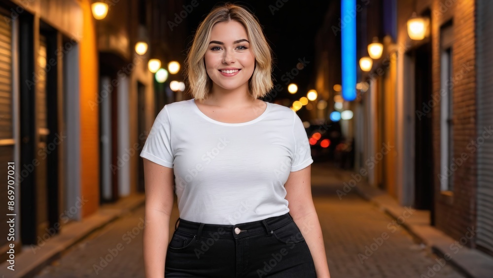 Wall mural plus size teenage girl with short hair wearing white t-shirt and black jeans standing in a city alle