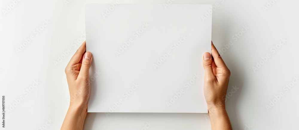 Poster hands clasping an empty paper with room for text, on a white background for a copy space image.