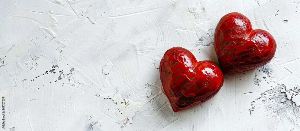 Poster two red hearts displayed on a white background with copy space image.