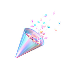 3d Holographic confetti cracker, beautiful rainbow overflow, cloud decor, isolated on a transparent background. Ideal for birthdays, cards, and invitations