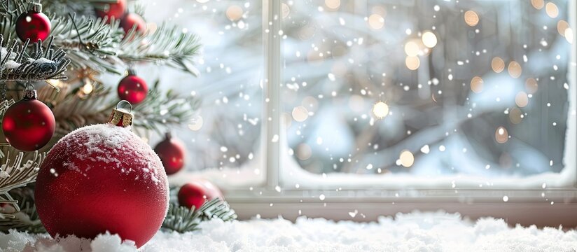 Winter-themed Christmas tree decorations displayed against a snowy window with copy space image.