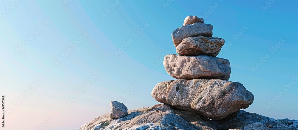Poster Mountain made of rocks stands against a clear blue sky backdrop of a copy space image.