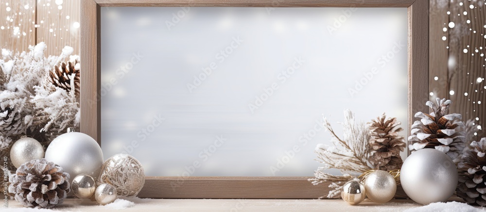 Aufkleber Empty wooden picture frame mockup for Christmas background with decorations and copy space image available for text to convey winter holiday celebration concept.