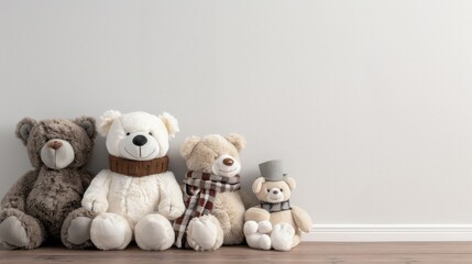 A row of eight teddy bears sit on a wooden table in front of a white wall