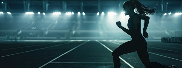 A girl is running on the track, with a dark background and light shining from above The camera focuses on her silhouette as she runs across an empty stadium field Generative AI