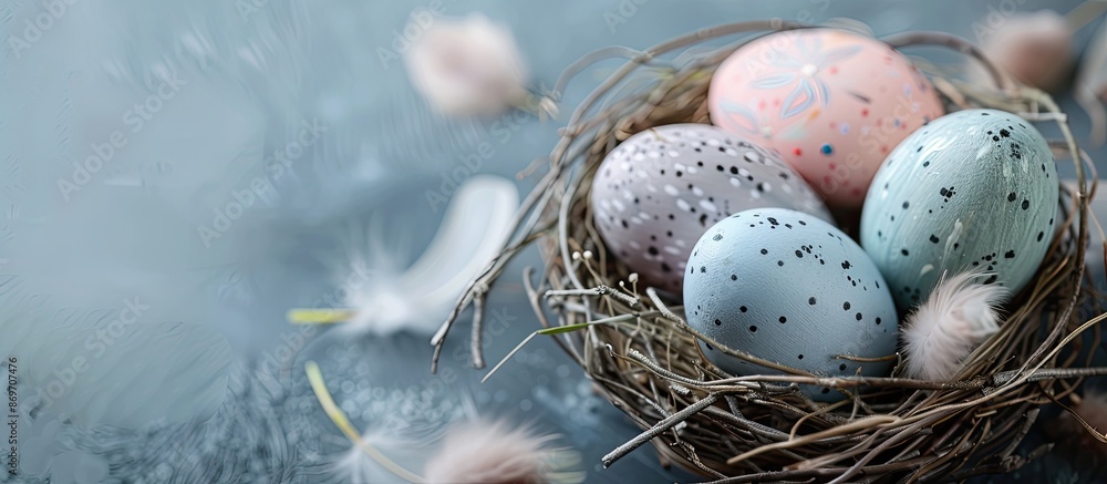 Poster close-up of a decorative nest featuring painted easter eggs on a gray backdrop with feathers, perfec