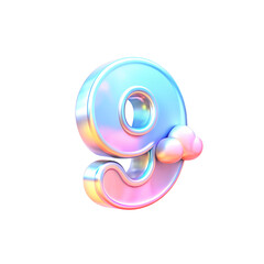3d Holographic numbers 9, age, beautiful rainbow overflow, cloud decor, isolated on a transparent background. Ideal for birthdays, cards, and invitations