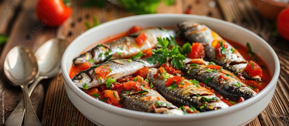 Poster a selective focus image of a sardine salad in a white dish with tomato sauce, accompanied by utensil