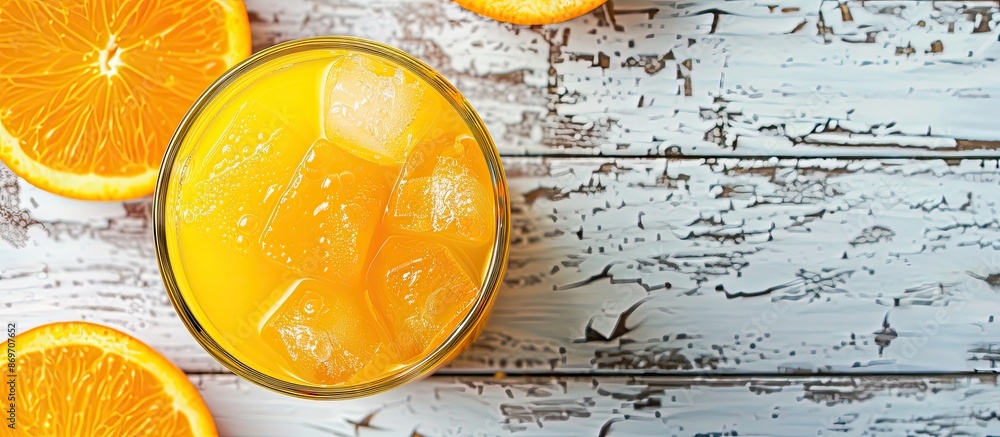 Poster top view of a refreshing orange summer drink with ice on a white wooden surface with a blank area fo