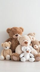 A row of eight teddy bears sit on a wooden table in front of a white wall