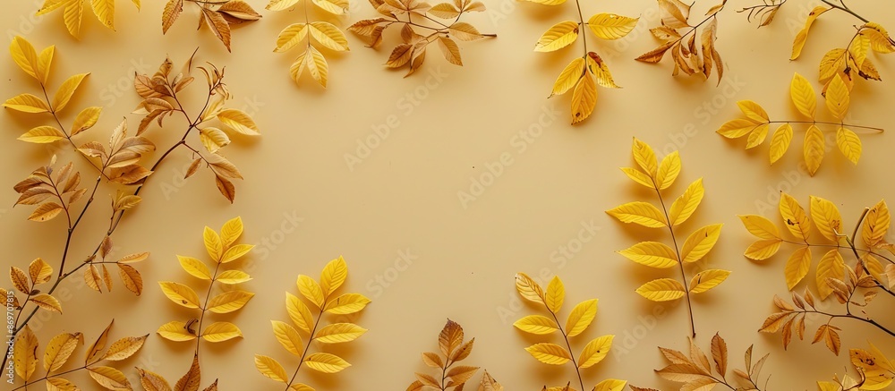 Poster A flat lay view of autumn rowan leaves in golden hues displayed on a beige backdrop with ample copy space, symbolizing the essence of the fall season.