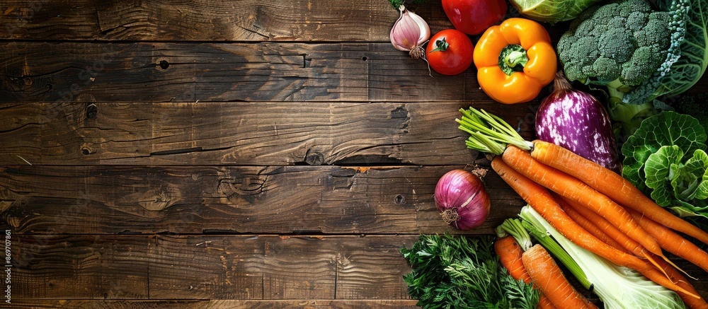 Poster an overhead view of a mix of fresh vegetables such as carrots, savoy cabbage, broccoli, onions, and 