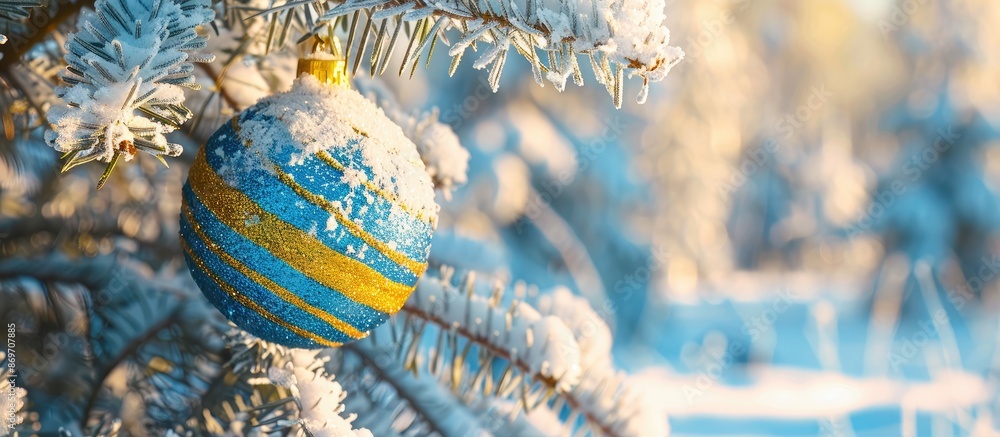 Poster A blue and yellow Christmas ball with tinsel is hanging on a real pine tree in a snow-covered forest on a sunny day, creating a festive card with copy space image for New Year's greetings.