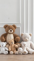 A row of eight teddy bears sit on a wooden table in front of a white wall
