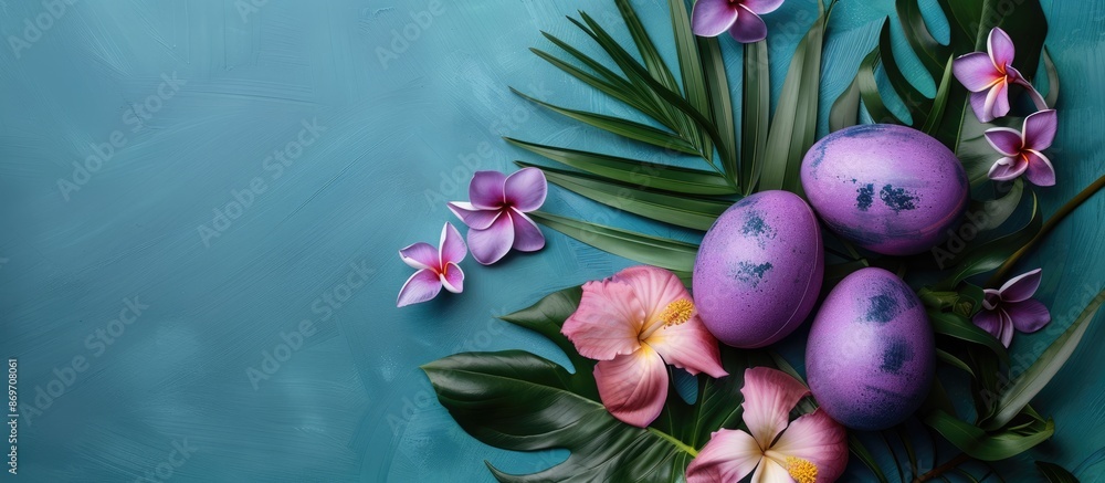 Poster top view of a purple easter eggs arrangement on a blue backdrop with tropical leaves and flowers, cr