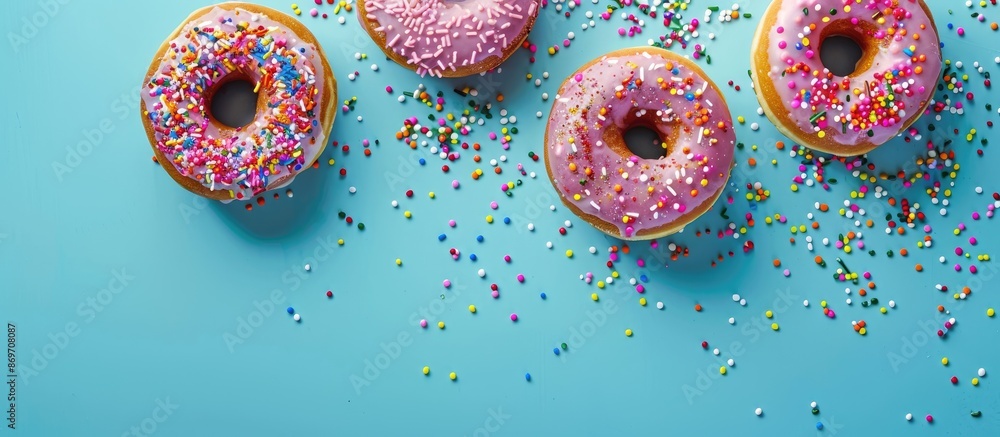 Aufkleber A blue background enhances donuts topped with colorful sprinkles, creating an appealing copy space image.