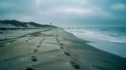 Winter Beach "Peaceful winter beach scene, calm ocean waves, footprints in the sand, distant lighthouse, and cool, overcast sky