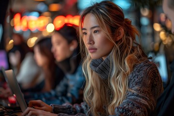 Fototapeta premium Young Woman Working on Laptop in Urban Setting at Night