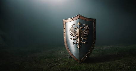 A majestic metal shield with a golden eagle emblem stands in a spotlight against a dark, smoky background. Perfect for historical, fantasy, or heraldic projects.