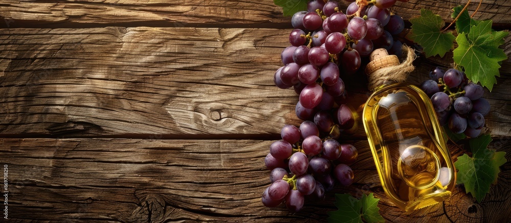 Aufkleber a rustic background with grape seed oil, grist, and bunches displayed on weathered wood with copy sp