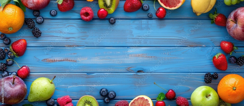 Poster blue wooden background with fresh fruits displayed and space in the middle for text.