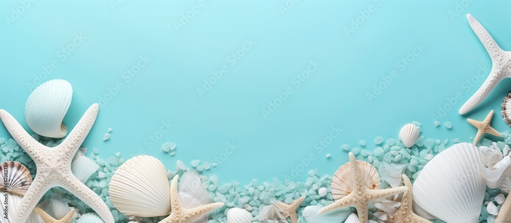 Poster a trendy aquamarine sea shell with starfish and shells arranged in a frame on a summer-themed backdr