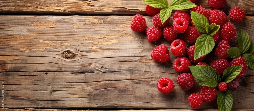 Poster fresh raspberries displayed on a rustic old wooden tabletop with ample copy space image.