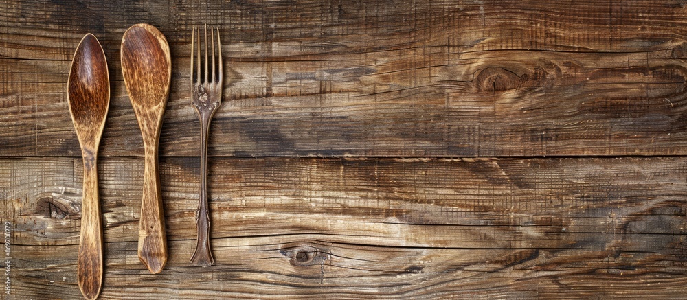 Poster Table with a wooden spoon and fork, creating a rustic setting, and a blank area available for inserting a picture.