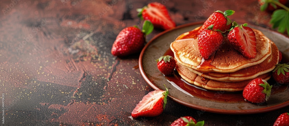 Poster a plate displaying delicious strawberry pancakes with copy space image.