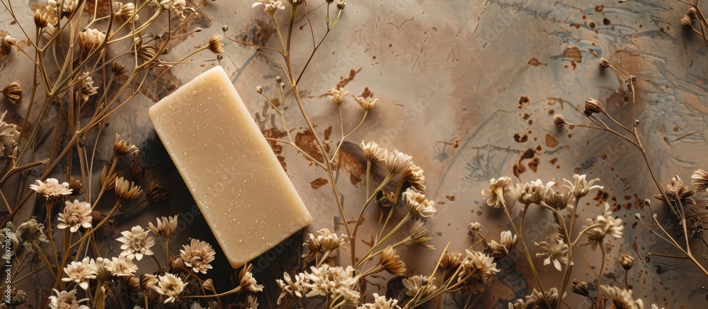 Aufkleber handmade soap resting on a background of dried flowers provides a serene ambiance with a beautiful c