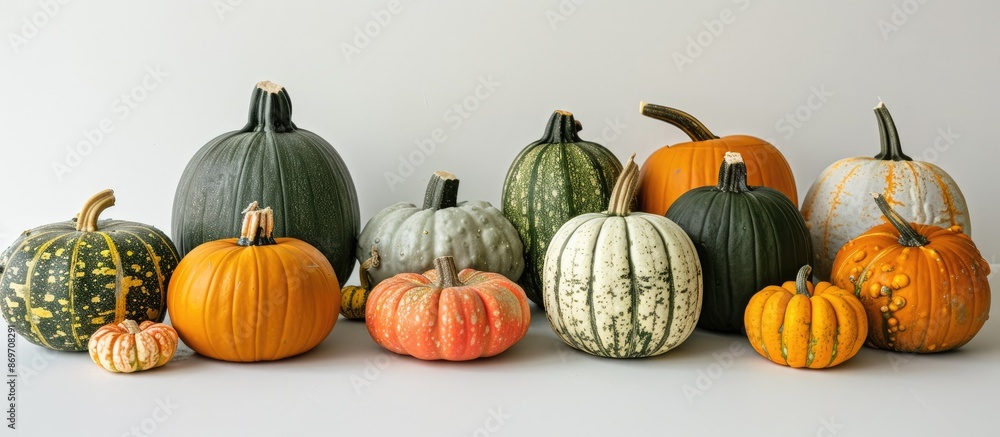 Poster Various pumpkins arranged in front of a blank backdrop create a visually appealing copy space image.