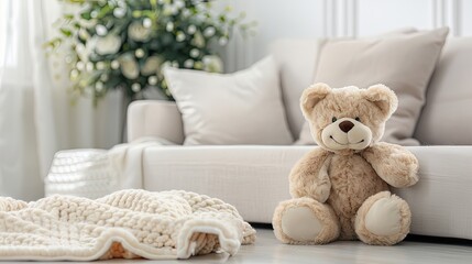 A plush, brown teddy bear sits on a white couch in a modern living room. The couch is covered in white cushions and a white blanket is nearby.