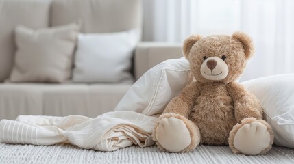 A plush, brown teddy bear sits on a white couch in a modern living room. The couch is covered in white cushions and a white blanket is nearby