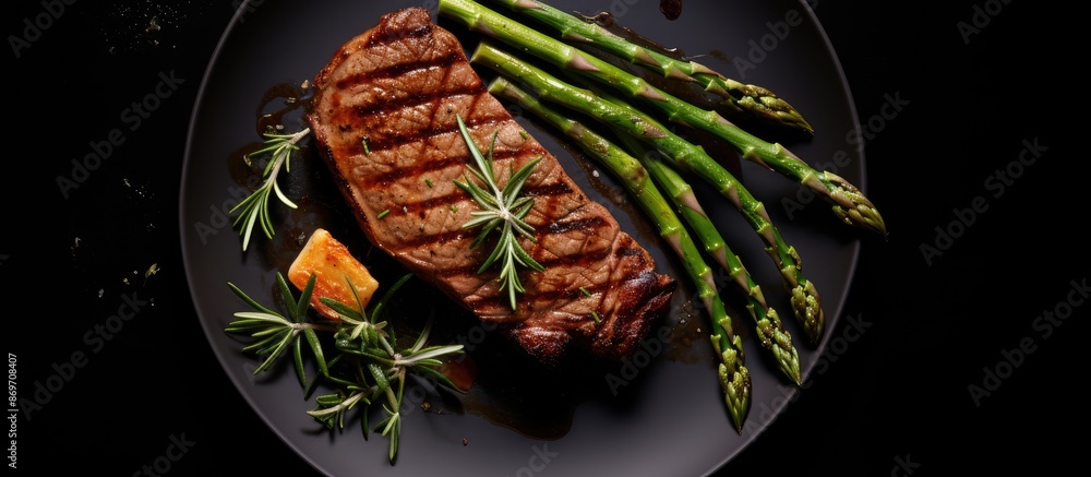 Poster Top view of a succulent grilled fillet mignon steak served with roasted asparagus on a black background, creating ample copy space for text or designs.
