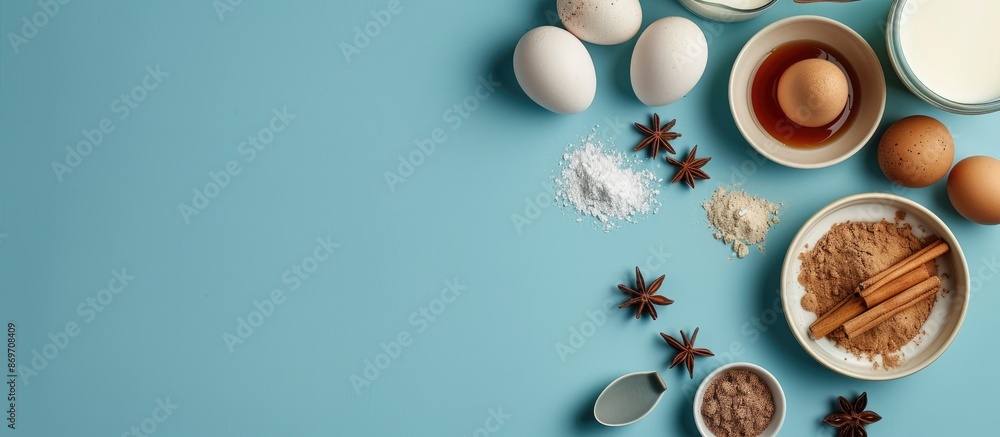 Poster a top view frame with a blue background showcasing the ingredients for eggnog, such as eggs, milk, a