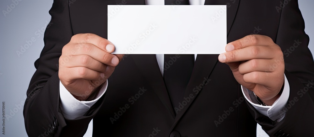 Poster a businessman is displaying a white card with blank space for text or images.