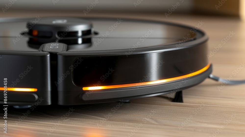 Poster closeup of the charging dock for a robot vacuum illustrating its sleek design and ability to automat