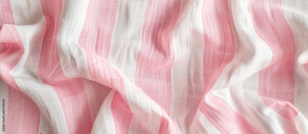 Poster Close-up image of a pink and white striped cotton fabric texture, ideal as a background with copy space image for various applications like clothes or curtain design.