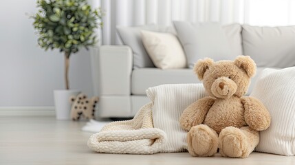 A plush, brown teddy bear sits on a white couch in a modern living room. The couch is covered in white cushions and a white blanket is nearby