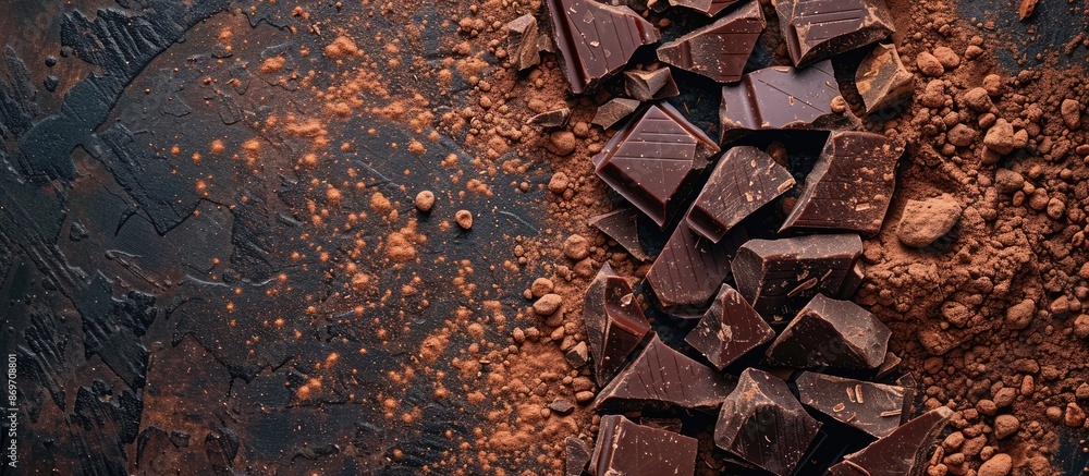 Poster capture a bird's eye view of delicious chocolate chunks and cocoa powder, with ample copy space imag