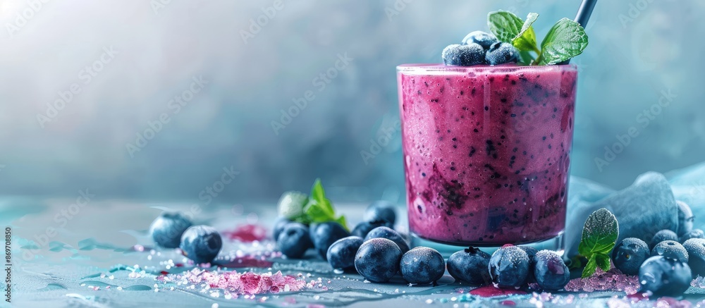 Poster Grey background with a blueberry smoothie in a glass, providing ample space for text in the image.