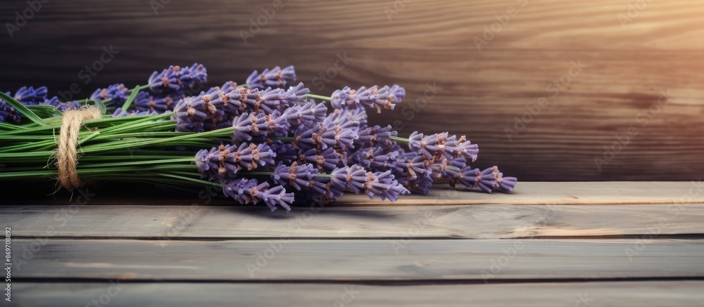 Poster A bouquet of lavender dried flowers displayed on a wooden table with a background suitable for adding text or images - copy space image.