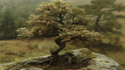 Small bonsai tree growing on rock with blurred forest background