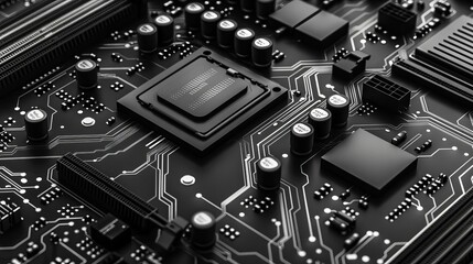 Fototapeta premium wallpaper for seamless electronics circuit board and computer chips background texture abstract futuristic tech dark monochrome black motherboard pattern engineering or robotics te