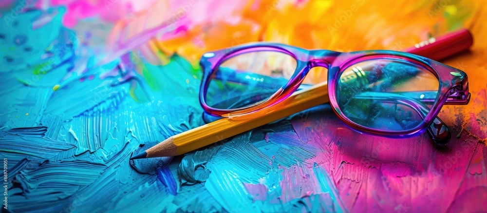 Poster There are spectacles, a pencil, and a marker set against a vibrant background with a designated area for text, creating a copy space image.