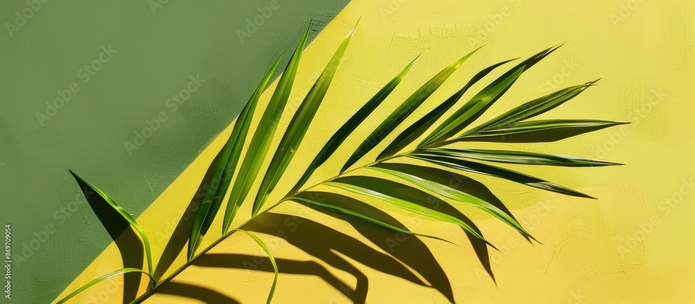 Poster Summer-themed palm leaf on a yellow and green background, creating a shadow, suitable for a copy space image.